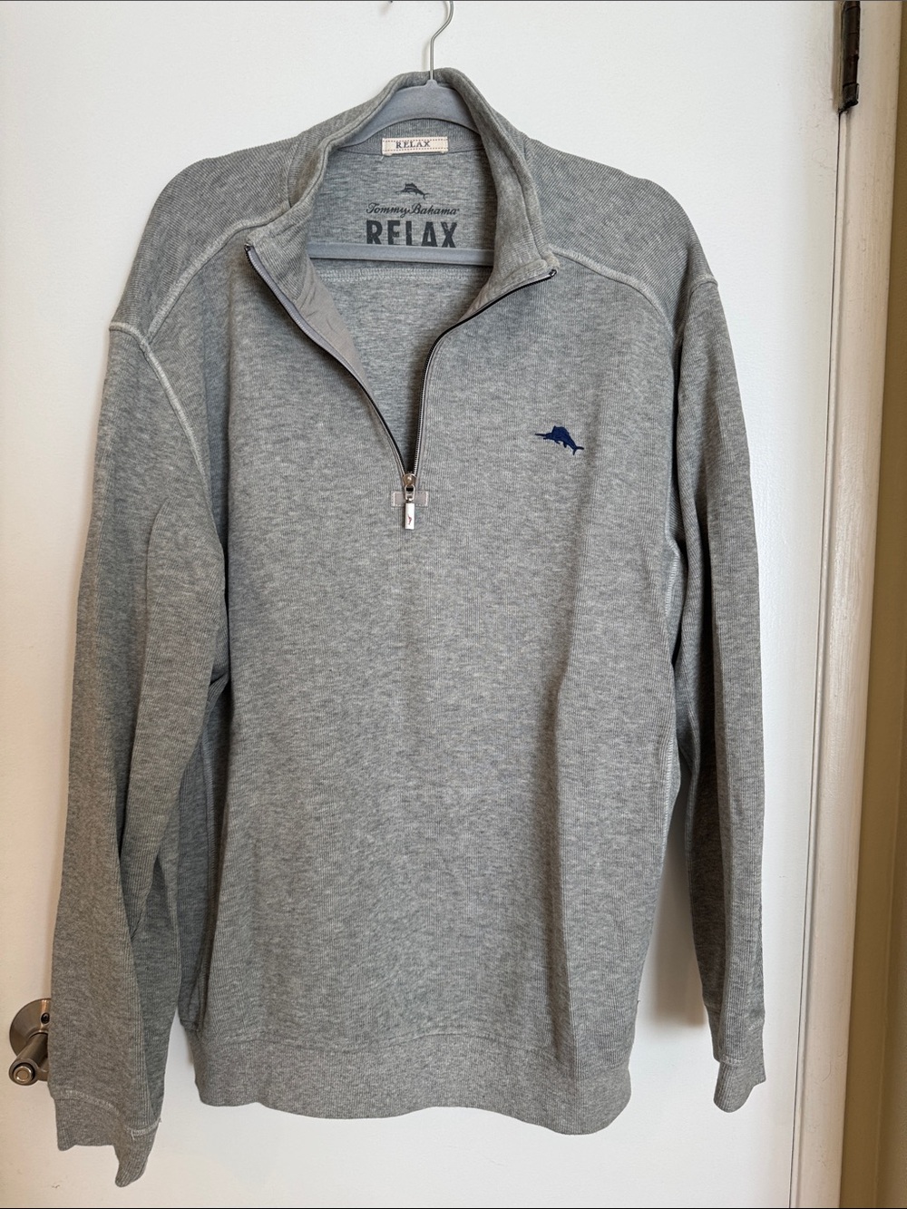 Tommy Bahama Men's Grey Quarter-Zip Pullover with Navy Logo